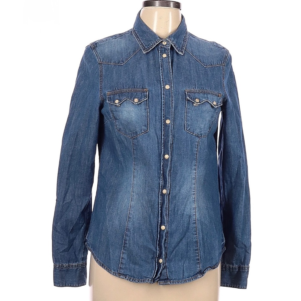 H&M Pearl Snap Button Front Denim Long Sleeve Shirt Western Rodeo 10 Large